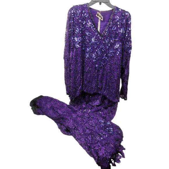 Vintage Judith Ann Plus 3X Purple Beaded Sequin 2pc Skirt Set Rayon - Picture 1 of 16